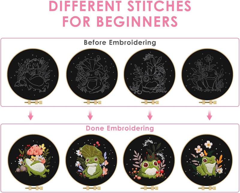 TINDTOP 4 Pack Embroidery Kit for Adult, Embroidery DIY Starter Kit, with Stamped Patterns, Hoop, Tools, Colorful Threads with Needles, Instructions - Image 3